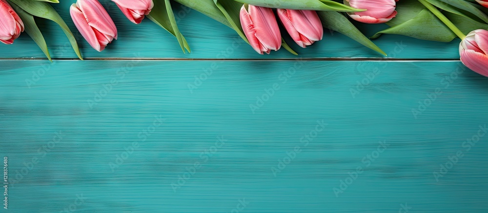 Poster pink tulips arranged on a turquoise rustic wooden background creating a vibrant spring-themed greeti
