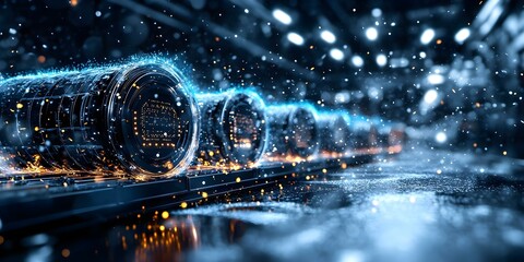 A futuristic scene with glowing, spinning circular objects and particles, suggesting advanced technology or a digital environment. Concept Futuristic Technology, Glowing Circles, Digital Environment
