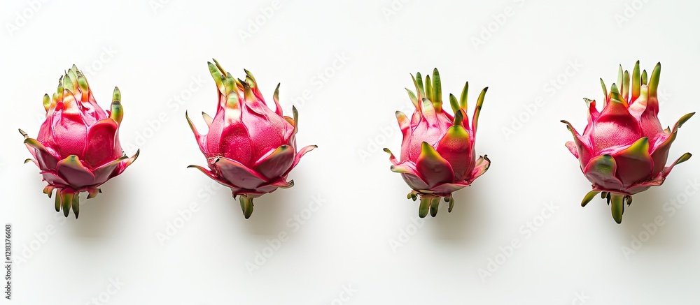 Poster Vibrant pink dragon fruits arranged in a row on a clean white background showcasing unique textures and colors for an appealing design element