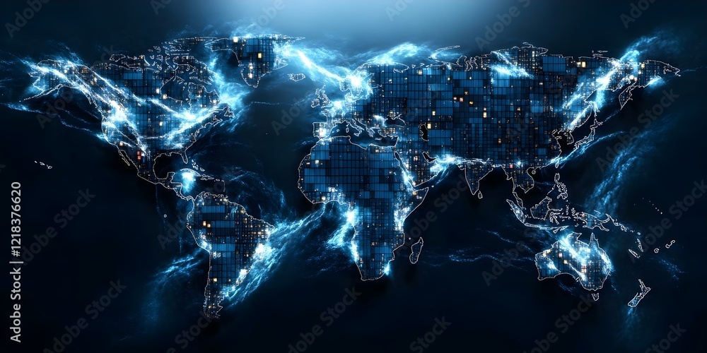 Aufkleber a digitally rendered map of the world, illuminated with glowing blue lines and grid patterns, sugges