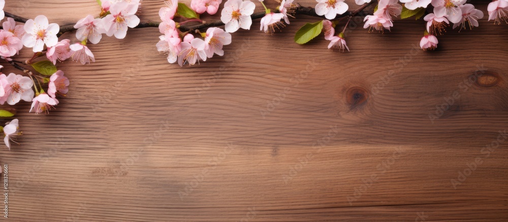Poster delicate pink sakura flowers arranged on a rustic wooden board with a warm brown background creating
