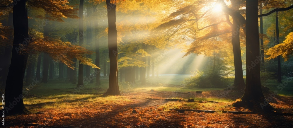 Poster Autumn forest scene with golden sunlight filtering through trees illuminating fallen leaves on the forest floor creating a serene atmosphere