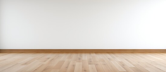 Bright empty white wall with smooth texture and light wooden oak floor showcasing natural grains positioned centrally in a spacious room.