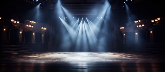 Illuminated stage with dramatic lighting effects, featuring cool blue hues and warm golden accents, creating a dynamic atmosphere for performances.