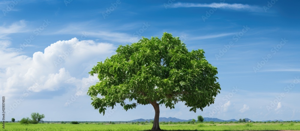 Poster large mango tree with lush green leaves standing on a vast green field under a clear blue sky with s