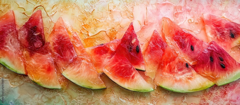 Poster Vibrant watermelon slices arranged neatly on a soft light background highlighting red and green hues with a refreshing summertime aesthetic
