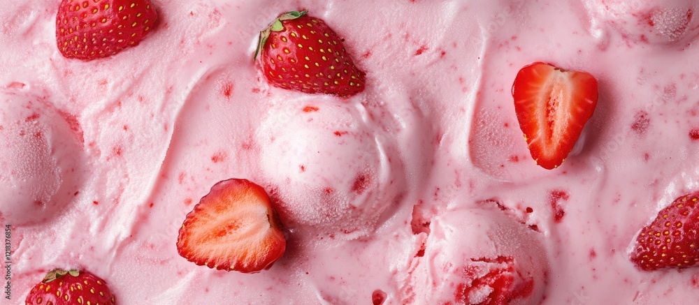 Poster vibrant top view of creamy strawberry ice cream with fresh strawberry slices on a pink background sh
