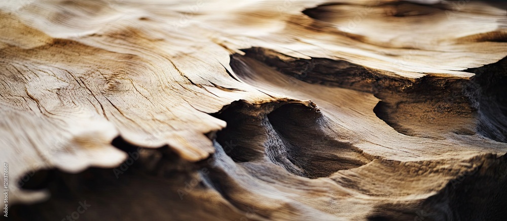 Fototapete Closeup of unfinished wood texture with rich browns and warm tones showcasing unique natural patterns and grooves creating a rustic background.