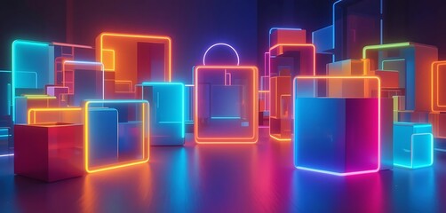 Abstract Neon Cityscape Geometric Shapes Illuminated