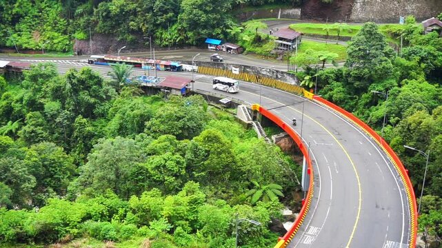 Aerial View of Traffic Activity at Kelok Sembilan, West Sumatra, Indonesia