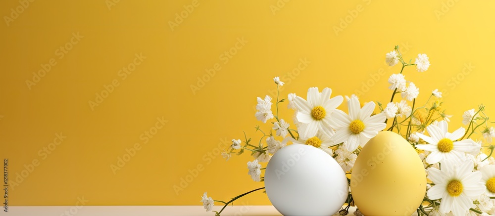 Poster white and yellow easter eggs nestled among white daisies on a bright yellow background with soft sha