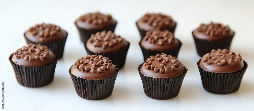 Poster Mini chocolate cupcakes arranged in two rows with rich chocolate frosting and sprinkles on top against a smooth white background ideal for celebrations
