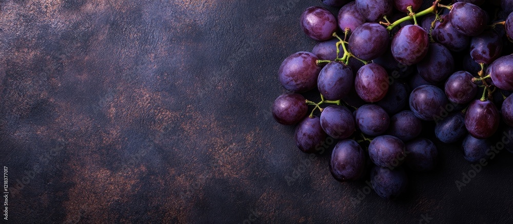 Poster vibrant purple grapes in a top view arrangement on a dark textured background emphasizing freshness 