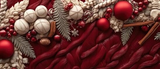 Naklejka premium Festive marzipan shop backdrop with rich red and silver decorations, showcasing Christmas ornaments, cinnamon sticks, and intricate braiding on top.