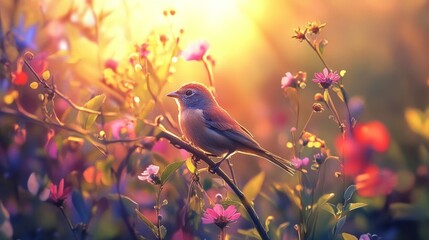 Obraz premium Serene Sunset: A Little Bird's Golden Hour