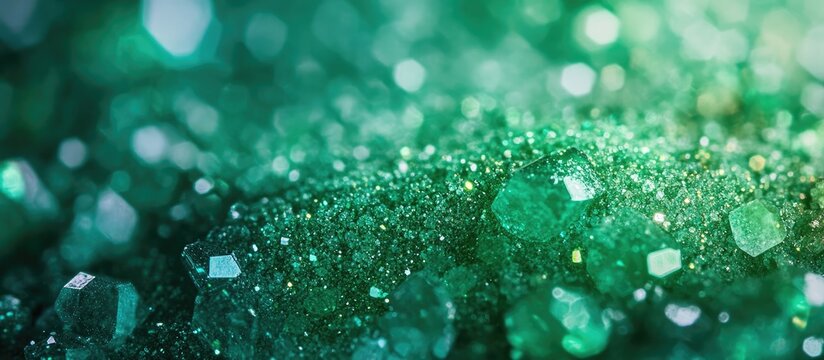Intricate crystalline structure of sodium chlorite powder in vibrant green hues highlighting texture and detail in a macro perspective with bokeh effects