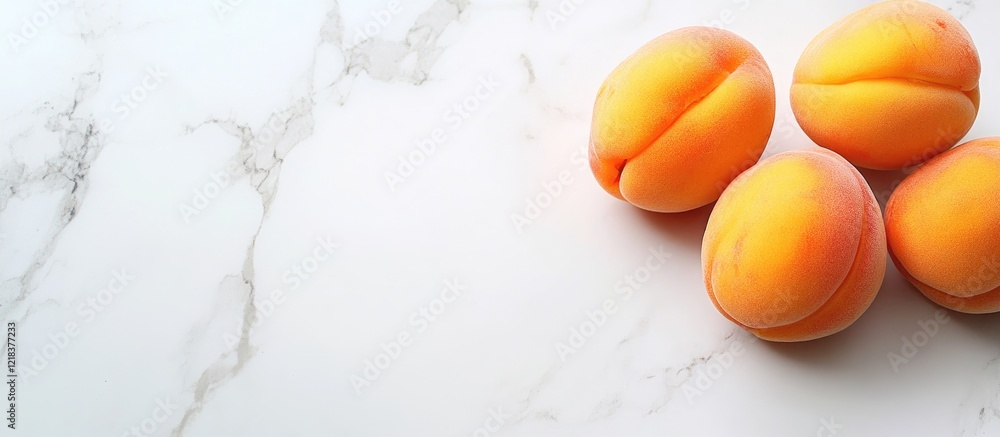 Aufkleber closeup of four ripe orange apricots on a light marble background highlighting their texture and col