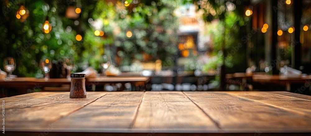 Aufkleber wooden table surface in focus with blurred greenery and warm lights in the background creating invit