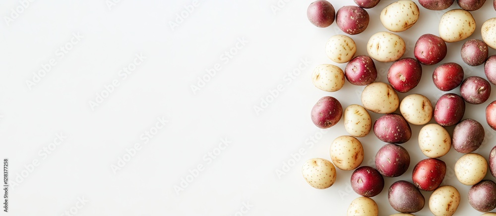 Poster colorful assortment of small red and yellow potatoes scattered on a clean white background highlight