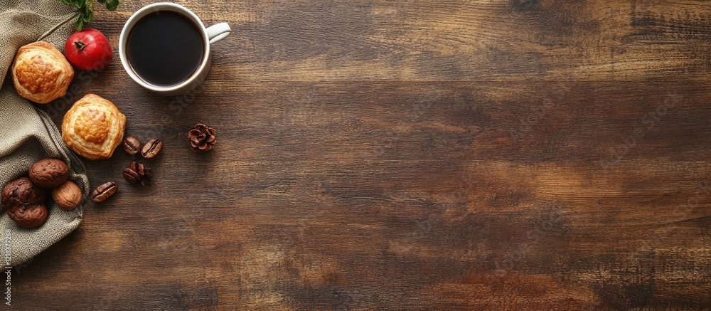 Poster rustic wooden table with dark coffee cup, pastries, red apple, and coffee beans arranged on the left