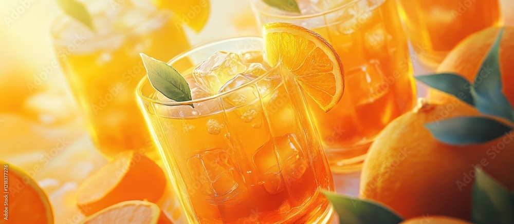 Poster refreshing glasses of orange juice with ice and mint leaves on a table surrounded by vibrant oranges