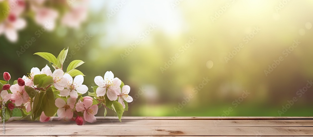 Poster rustic wooden table top in foreground adorned with delicate apple tree blossoms, soft spring light f