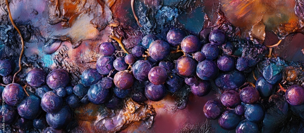 Poster vibrant close-up of rich purple grapes against an abstract colorful background highlighting textures