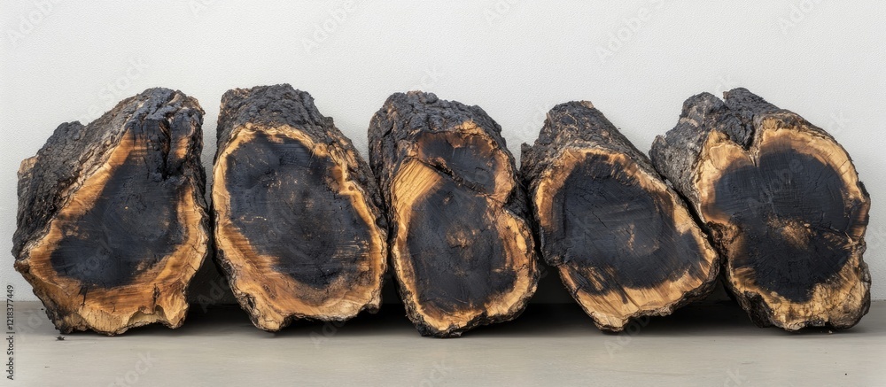 Aufkleber neatly stacked five charred logs showcase deep blackened sections and natural wood textures against 