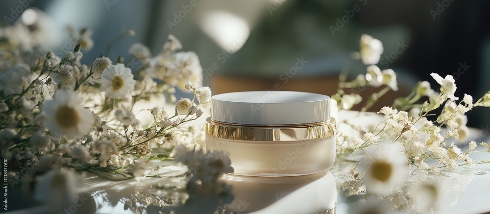 Poster elegant cream container centered on a table surrounded by delicate white flowers with soft natural l