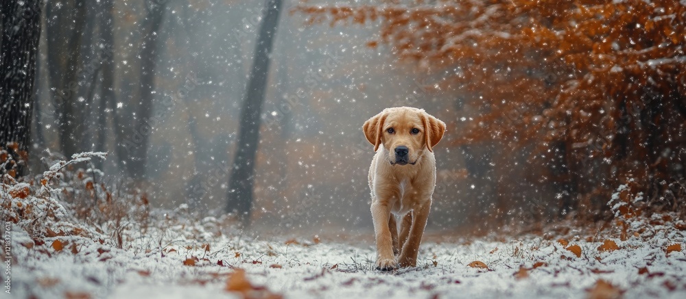 Aufkleber Labrador retriever puppy walking down a snow-covered forest path surrounded by autumn-colored trees and soft falling snowflakes