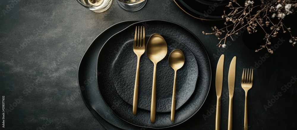 Poster sophisticated table setting with golden cutlery on dark textured plates arranged elegantly showcasin