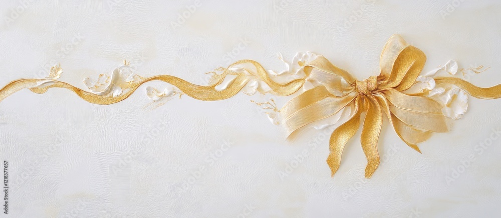 Poster elegant golden ribbon adorned with a large bow, set against a soft white background, enhancing its c