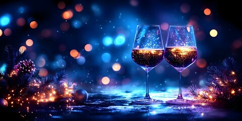 Two glasses of sparkling drink illuminated by colorful bokeh lights, surrounded by festive decorations and greenery. Concept Sparkling Drink Elegance, Vibrant Bokeh Effects, Festive Decorations