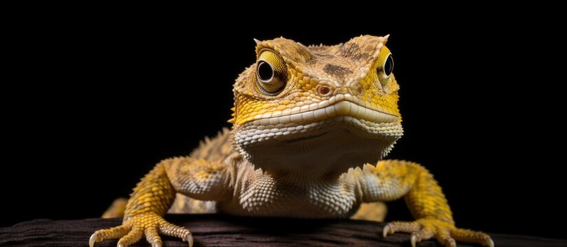 Close-up of a fat-tailed gecko with yellow and brown patterns on a dark surface, highlighting its expressive eyes and textured skin against a black background.