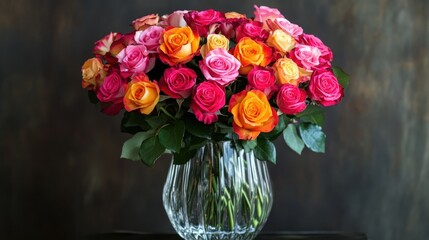Vibrant Bouquet of Multicolored Roses in a Crystal Vase