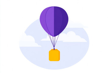 Purple hot air balloon with yellow basket in sky