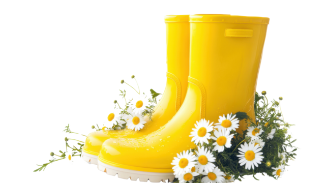 Flowers in boots on transparent background