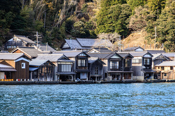 Row of Traditional Japanese Boat Houses Along Waterfront, Ine, Kyoto, Japan