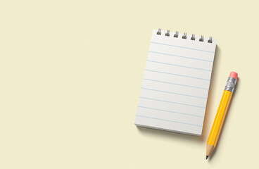 Blank notebook and pencil on a yellow background. 3d render
