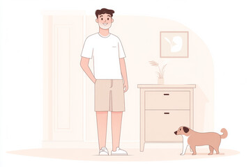 Man standing with dog in room, smiling warmly