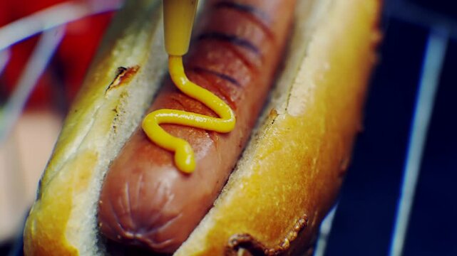 Delicious hot dog with mustard and ketchup on grilled bun	