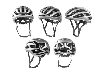 Set of gray bicycle helmets with side, front and back views. Isolated on white background