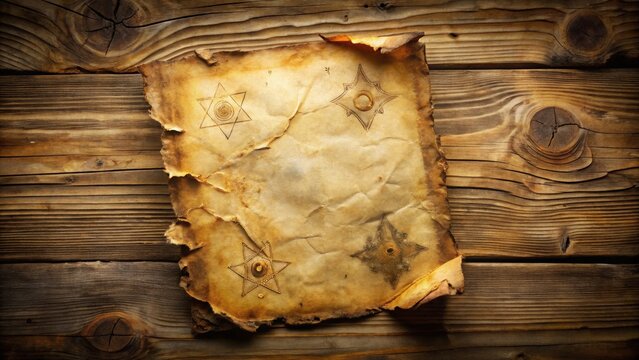 Ancient Parchment with Symbolic Star Designs Resting on Rustic Wooden Surface