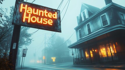 Fototapeta premium Foggy street, haunted house sign, Halloween attraction, mysterious atmosphere, ideal for spooky season promotions