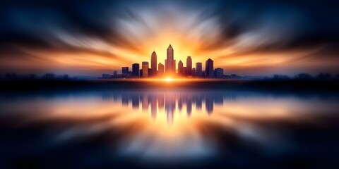 Obraz premium A skyline silhouette at sunset, reflecting in calm water, surrounded by dramatic clouds and hues of orange and blue. Concept Skyline Silhouette, Sunset Reflections, Dramatic Clouds