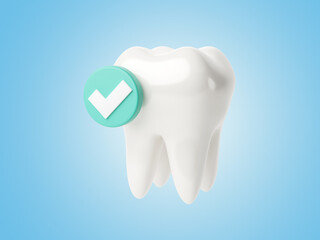 White tooth with a check mark in a green circle. blue background. 3d render