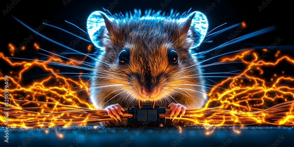 Poster a digitally created image of a mouse interacting with glowing electric wires, surrounded by sparks a