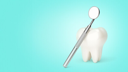 Tooth and dental mirror. Green background. Copy space. 3d render