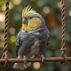 Obraz premium Cockatiel in a Small Decorative Cage. A parrot perched on a swing inside a birdcage. 