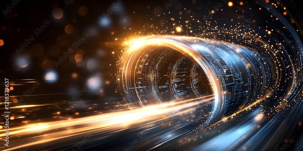 Poster a dynamic, futuristic tunnel filled with glowing lines and particles, conveying a sense of motion an
